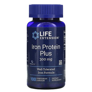 Life Extension, Iron Protein Plus, 300 мг, 100 вегетарианских капсул